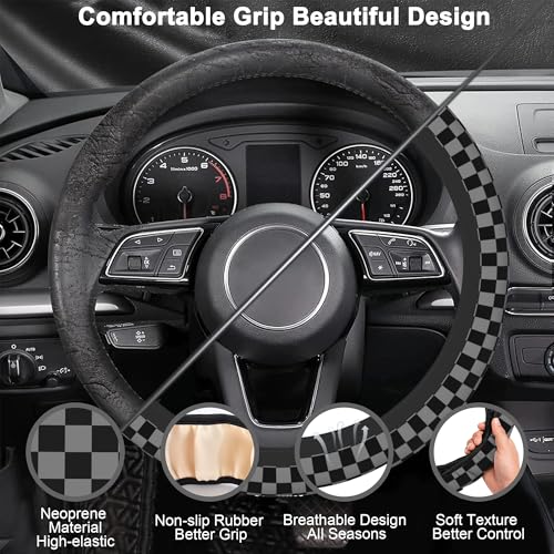 Chessboard Steering Wheel Cover,Black Grey Checkered Universal 15" Elastic Car Steering Wheel Cover with 2 PCS Car Coasters,Anti-Slip Breathable Accessories for Auto,SUVs,Truck - color: Chessboard