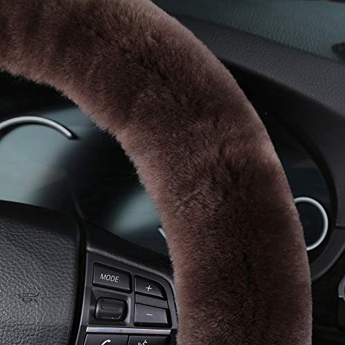 Soft Fluffy Sheepskin Car Steering Wheel Cover for Universal Auto Vehicle Women Man 14 1/2 inch-15 1/2inch Fuzzy Accessories (Teak) - color: Teak