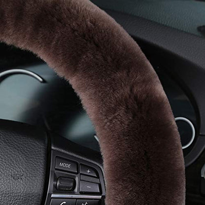 Soft Fluffy Sheepskin Car Steering Wheel Cover for Universal Auto Vehicle Women Man 14 1/2 inch-15 1/2inch Fuzzy Accessories (Teak) - color: Teak