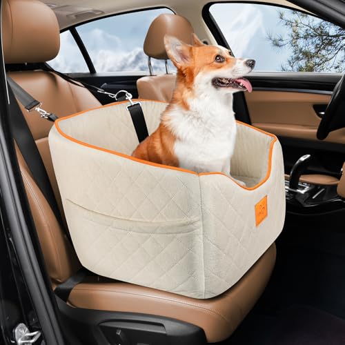 XIEEAOZEE Dog Car Seat for Small Dogs, Memory Foam Booster Dog Seat for Dogs up to 35 lbs, Elevated Pet Car Seat, Travel Safety Pet Seat with Washable Removable Cover, Storage Pockets (Beige) - color: Beige