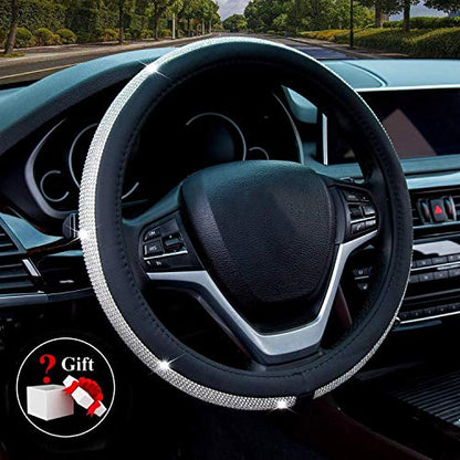 Diamond Leather Steering Wheel Cover with Bling Bling Crystal Rhinestones,Large-Size of 15 1/2 inches-16 inches Black - color: Black with White Diamonds, size: Large Size[15"1/2-16"]