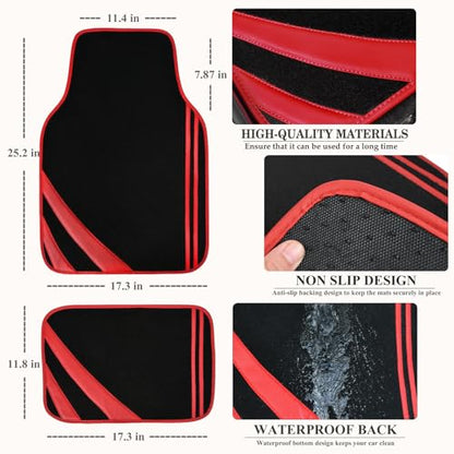 CAR PASS Red Edge Leather Car Floor Mats, Universal Waterproof Car Mats with Double Stitch Line and Anti-Slip Backing Design, for Cute Girly Women, Fit 95% Automotive,SUVs,Sedan,Vans (Black and Red)