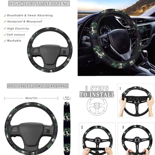 Skull Moon Leaf Printed 15 Pcs Car Seat Cover Set, Universal Car Accessory Set Front Rear Seat Covers Steering Wheel Cover Car Headrest Cover Seat Belt Covers Car Coaster - color: Black and Green-Skull Moon Leaf