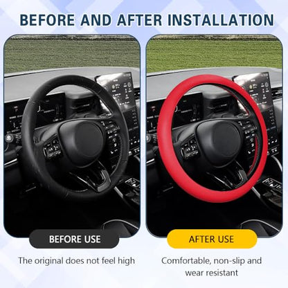 Car Steering Wheel Cover, 13 to 14.17 inches Non-Slip Silicone Steering Wheel Protector, Car Accessories Thin Soft Leather Texture Steering Wheel Protective Cover for Most Cars (Red) - color: Red