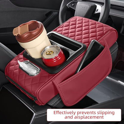 5 in 1 Car Center Console Cover, Armrest Pad with 2 Storage Pockets, Cup Holder, Tissue Slot, Phone Holder, Nappa Leather Memory Foam Car Accessories for SUV Sedan Truck (Burgundy)
