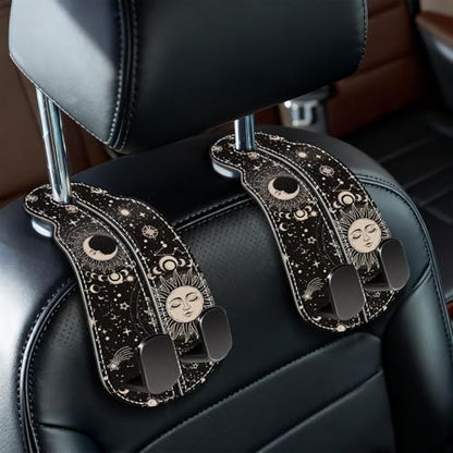 2PCS Car Seat Back Storage Headrest Hooks, Sun and Moon Purse Holder Bags Hanger, PU Leather Double Metal Hook for Backseat Organizer, Women Car Accessories Organization