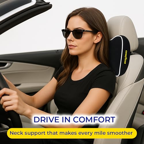 Goodyear Car Neck Pillow, Soft Memory Foam Headrest Pillow for Driving, Ergonomic Car Seat Headrest Cushion with Adjustable Strap, Breathable & Removable Cover, Neck Pain Relief, Black - color: Black