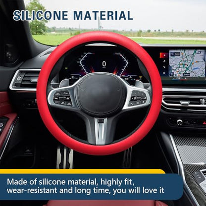Car Steering Wheel Cover, 13 to 14.17 inches Non-Slip Silicone Steering Wheel Protector, Car Accessories Thin Soft Leather Texture Steering Wheel Protective Cover for Most Cars (Red) - color: Red