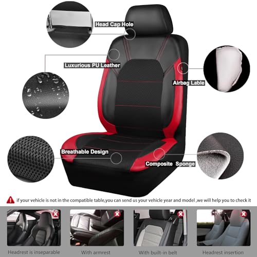 CAR PASS Air Mesh Leather Car Seat Covers for Front Seats, Waterproof Car Floor Mats, Sporty Steering Wheel Cover, Universal Fit for 95% Cars Truck SUV (Black and Red) - color: Red
