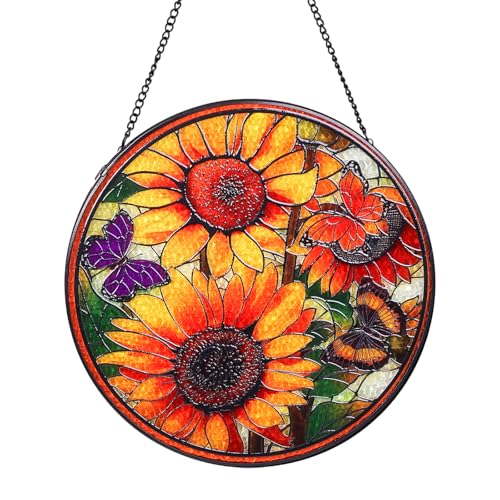 Sunflowers Stained Glass Window Hanging Suncatcher with Chain - 7.9" Outdoor/Indoor Art Decor for Home Garden, Wedding, Thanksgiving, Mother's, Valentine's & Christmas Ornaments Present - color: Sunflowers