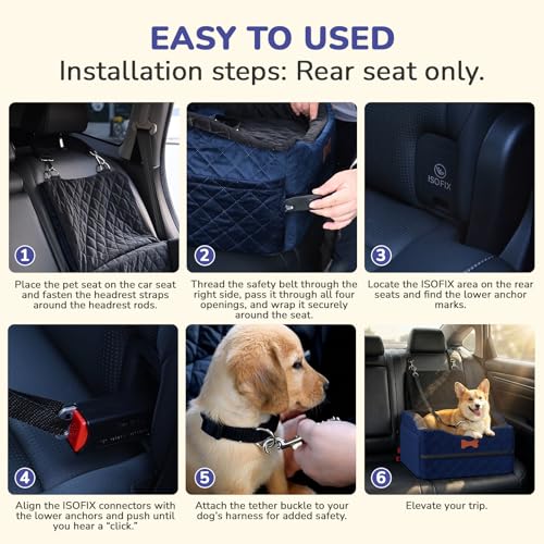 Dog Car Seat for Small Medium Dogs, 6" Elevated Dog Booster Seat with ISOFIX Safety Fixation, Washable Cover & High Density Memory Foam, Portable for Car Front/Rear/Trunk Home Outdoor Use (Navy Blue) - color: Navy Blue, size: Small