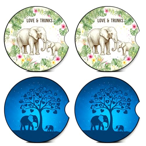 4PCS Elephant Car Coasters,Car Coasters for Cup Holder,Elephant Cars Accessories Interior Decor Universal Neoprene 2.75" Anti-Slip Rubber Mat with Finger Slot,Gifts for Women,Men,Driver - color: Elephant