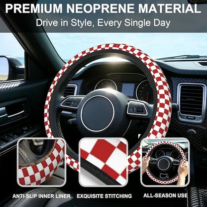 Checkered Steering Wheel Cover,Red White Checkered Universal 15" Elastic Car Steering Wheel Cover with 2 PCS Car Coasters,Anti-Slip Breathable Accessories for Auto,SUVs,Truck - color: Checkered