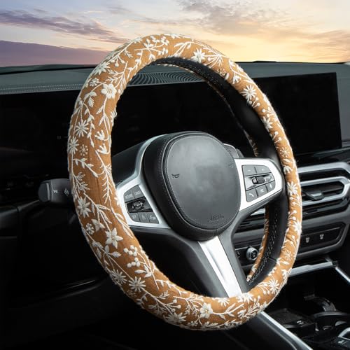 Brown Japanese Style Flower Steering Wheel Cover Auto Embroidery Steering Wheel Protector, Anti-Slip, Breathable, Absorbing Sweat, Universal Car Accessories 14.5–15 inch,Fit for Most Car, Trucks, SUV - style: Brown Japanese Style Flower JQ
