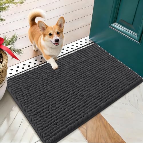 OLANLY Dog Door Mat for Muddy Paws 24x16, Ultra Absorbent Chenille Mud Doormat, Non-Slip Washable and Dirt Trapping Doormat for Indoor Entryway, Quick-Dry Indoor Pet Bed Mats for Dogs, Dark Grey - color: Dark Grey, size: 24" X 16"