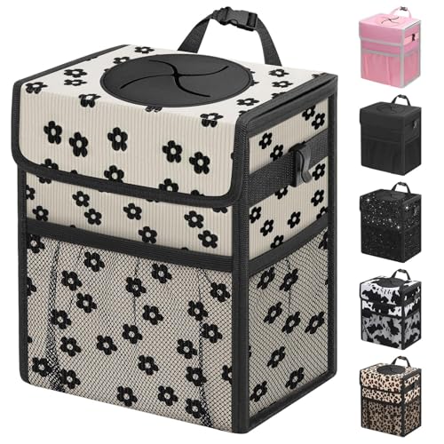 Capolo Car Trash Can with Lid, Leakproof Car Trash Bag Hanging Waterproof Automotive Garbage Can with Storage Pockets Mini Vehicle Trash Bin for Back/Front Seat(Black Flower,3 Gallon) - color: Black Flower, size: 3 Gallons