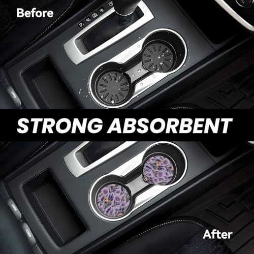 Purple Lavender Flower Absorbent Ceramic Car Coasters for Cup Holders, 2.56" Anti Slip Insert Cup Coasters for Women Men (2 PCS) - color: Purple Lavender Flower