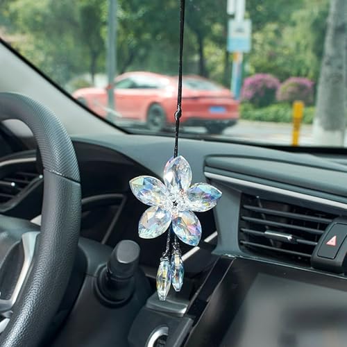 Crystal Flower Car Rear View Mirror Hanging Ornament - Sparkles with Rainbows for a Sense of Luck and Happiness Car Interior Accessories (Charming Green) - color: Crystal Flower - Charming Green