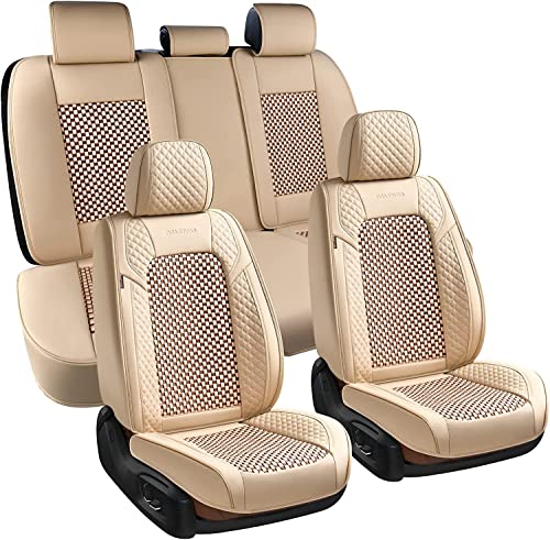 Coverado Seat Covers Full Set, 5 Seats Universal Seat Covers for Cars, Beige Car Seat Covers Front Seats Back Seat Cover, Breathable Car Seat Cushion, Leather Seat Cover Seat Protector Fit Most Cars - color: Woven/Beige, size: FullSet