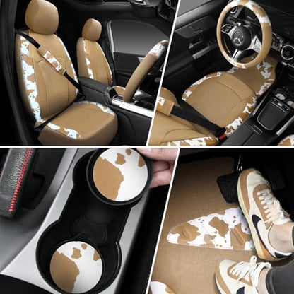 CAR PASS Cow Print Faux Leather Car Seat Covers & Cow Car Mats & Cow Steering Wheel Cover Seat Belt Pads Universal fit for SUV,Van,Saden,Truck Cute Car Accessories Automobile Interior Sets All Beige - color: Cow Print Beige