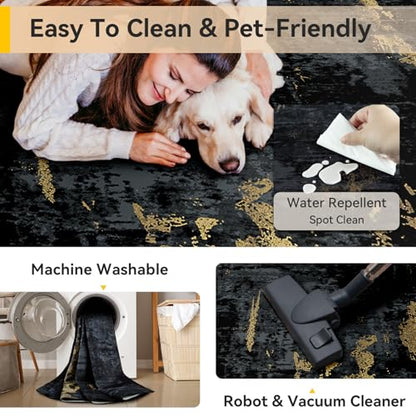 RELEANY Washable Area Rugs 8'x10' Non-Slip Modern Abstract Soft for Living Room Entryway Bedroom Nursery, Print Pattern, Dark Black Gold