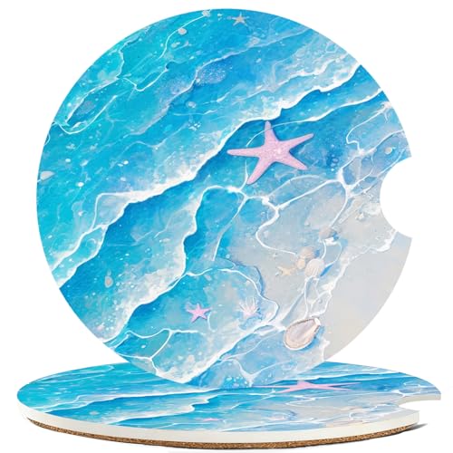 Car Cup Holder Coaster Set of 2, 2.56 in Ceramic Coasters, Scratch-Resistant Cork Backing, Finger Groove Design for Easy Placement, Cute Car Accessories Interior for Women (Blue Starfish) - color: Blue Starfish