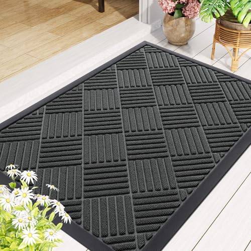 Smiry Front Door Mat Outside Entrance, Heavy Duty Outdoor Indoor Natural Rubber Doormat, Non Slip, Trap Dirt and Moisture, Easy Clean, Low Profile Patio Porch Entryway Mat, 47x32, Black