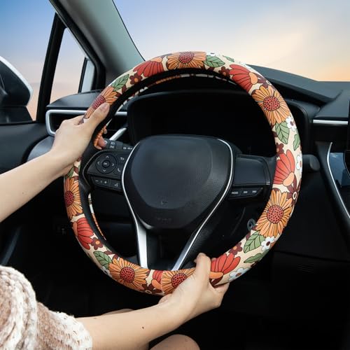 Sunflower Retro Steering Wheel Cover Auto Jacquard Steering Wheel Protector, Anti-Slip, Breathable, Absorbing Sweat, Universal Car Accessories 14.5–15 inch,Fit for Most Car, Trucks, SUV - style: Sunflower Retro