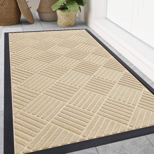 Smiry Front Door Mat Outside Entrance, Heavy Duty Outdoor Indoor Natural Rubber Doormat, Non Slip, Trap Dirt and Moisture, Easy Clean, Low Profile Patio Porch Entryway Mat, 47x32, Beige - color: Beige, size: 47" X 32"