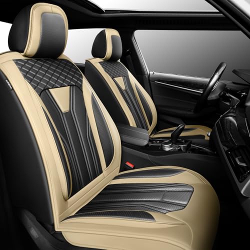 Fit Prologue Car Seat Covers Compatible with Honda Prologue 2024-2025 2026 -Premium Leather，Waterproof Breathable，All-Weather Seat Cushion Protecto&Airbag Compatible(2 Front Seat Beige&Black) - color: Front Pair 【Beige Black#02】, size: For Honda Prologue