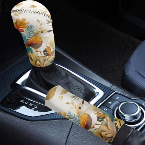Robin Bird Leaf Print 2 Pcs Car Gear Shift Cover + Handbrake Protectors Decoration Southwest American Tribal Design Universal Car Interior Accessories Set Fit for Vehicles SUVs Trucks - color: Robin Bird Leaf
