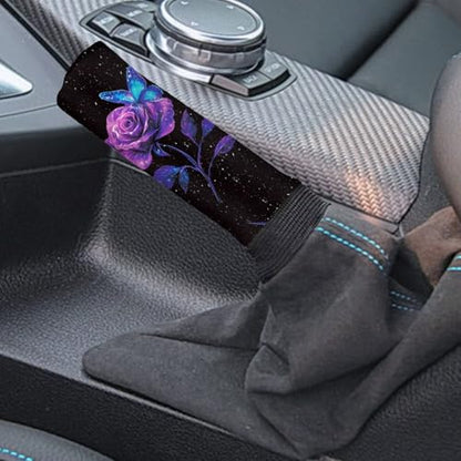 2 Piece Car Head Brake Cover with Gear Shift Cover Set for Women Girls, Rose Butterfly Print Soft Elastic Car Handbrake Protector and Gear Shift Knob Protector, Easy to Install - color: Black and Purple - Rose Butterfly