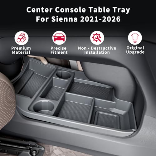 for with 2021-2026 Toyota Sienna Center Console Organizer with Cup Holder, Lower Storage Box Accessories (TPE Material with Original car Wood Grain, Grey) - size: Storage box under central control