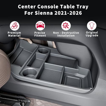for with 2021-2026 Toyota Sienna Center Console Organizer with Cup Holder, Lower Storage Box Accessories (TPE Material with Original car Wood Grain, Grey) - size: Storage box under central control