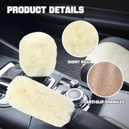 Hovom 2PCS Fluffy Car Gear Shift Knob Cover & Handbrake Cover, Soft Plush Hand Brake Handle & Gear Shift Cover for Women Girls, Universal Comfortable Warm Furry Car Accessories (Beige) - color: Beige