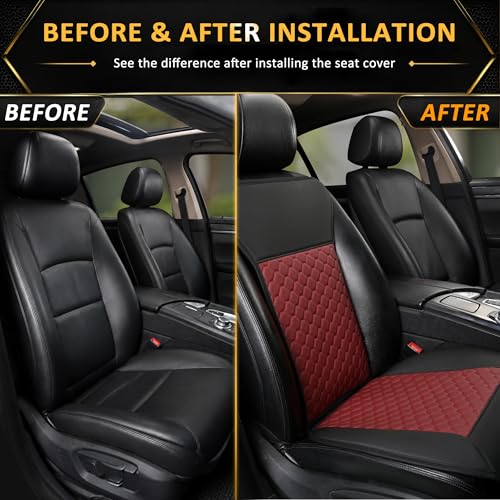 Black Panther 1 Pair Car Seat Covers, PU Front Car Seat Protectors, Non-Wrapped Bottom with Partial Backrest Coverage (Middle Part Only) (Black+Burgundy) - color: Honeycomb Pattern - Black+Burgundy