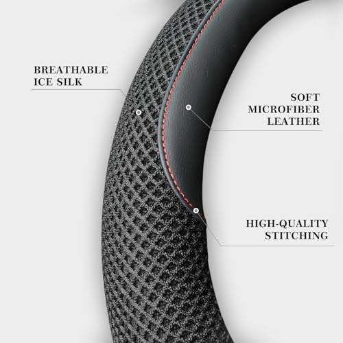 15 Inch Steering Wheel Cover, Cooling Ice Silk，Premium Microfiber Leather Hybrid Design, Anti-Slip Rubber Inner, Breathable, Universal Fit for 14.5-15" Auto Steering Wheels, Black
