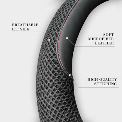 15 Inch Steering Wheel Cover, Cooling Ice Silk，Premium Microfiber Leather Hybrid Design, Anti-Slip Rubber Inner, Breathable, Universal Fit for 14.5-15" Auto Steering Wheels, Black