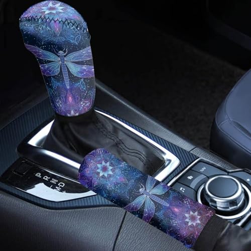 Dragonfly Mandala Flower Printed 2 Piece Car Handbrake and Gear Shift Knob Cover Set, Stretchy Universal Auto Interior Accessories for SUV Truck Vehicle - color: Dragonfly Mandala Flower - Blue and Purple