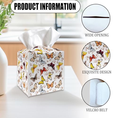 Tissue Box Cover Holder, Colorful Butterfly PU Leather Tissue Box Cover with Bottom Belt, Square Facial Paper Organizer for Tabletop, Bathroom, Kitchen, Car & Office -045 - color: Butterfly