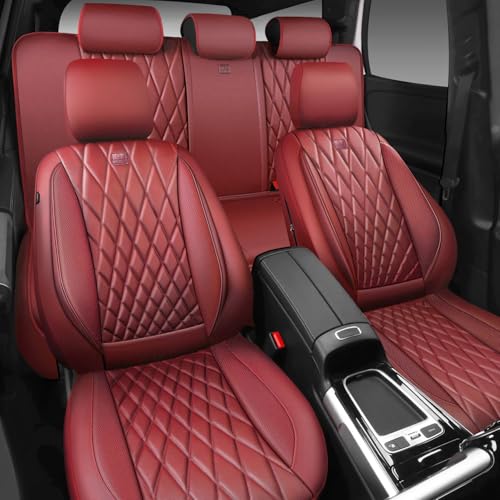 CAR PASS Piping Luxury Faux Leather Seat Covers Full Set, Premium Delux Anti-Slip Waterproof Automotive Seat Cover Universal Fit for Sedans Suvs Vans Trucks, Armrest & Airbag Compatible, Burgundy Red - color: Pure Burgundy Red, size: Full Set