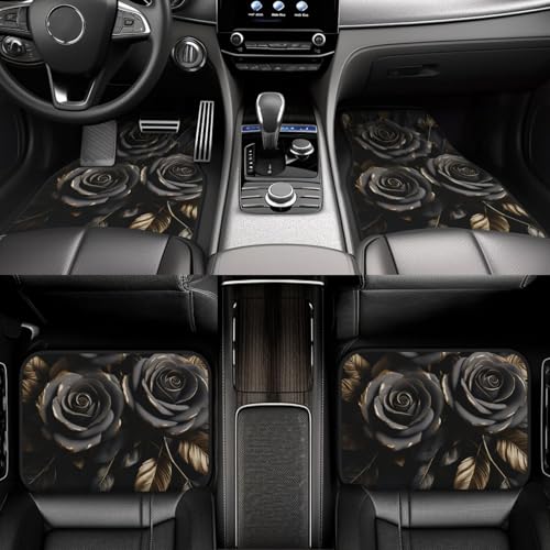 Universal Fit Car Floor Mats-Tech Cloth with Elegant Patterns, Gilded Black Roses,Anti-Slip Rubber Bottom, Front (26.8x17.3in) & Rear (13x17.3in) Set,4PCS, Water-Resistant & Simple to Clean