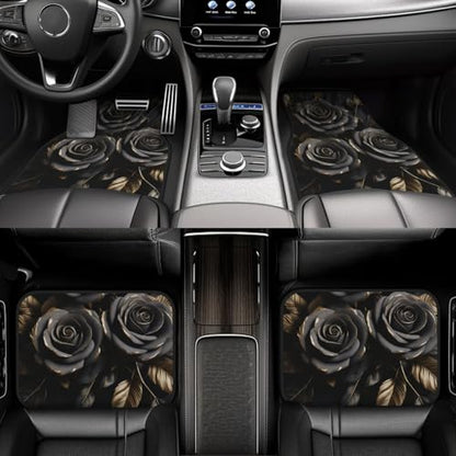Universal Fit Car Floor Mats-Tech Cloth with Elegant Patterns, Gilded Black Roses,Anti-Slip Rubber Bottom, Front (26.8x17.3in) & Rear (13x17.3in) Set,4PCS, Water-Resistant & Simple to Clean