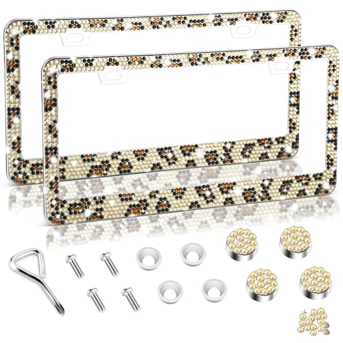 Amiss Bling License Plate Frame for Women, 2Pack Rhinestone Handcrafted Crystal Premium Stainless Steel, Stainless Steel Car Decorative Accessories with Diamond Sparkle Glitter Caps (Leopard Print) - color: Leopard Print, size: 2pc