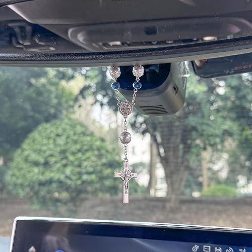 One Decade Car Rosary Navy Blue Glass Prayer Beads with St. Benedict Medal & Crucifix Spiritual Protection Rearview Mirror Accessory Catholic Gift for Travelers - color: Navy Blue