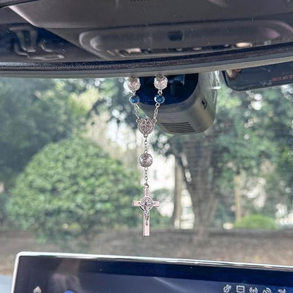 One Decade Car Rosary Navy Blue Glass Prayer Beads with St. Benedict Medal & Crucifix Spiritual Protection Rearview Mirror Accessory Catholic Gift for Travelers - color: Navy Blue