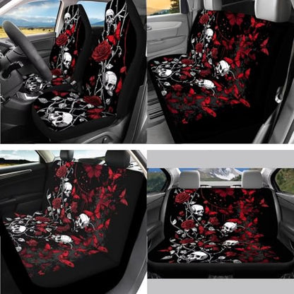 Skull Rose Butterfly Print Red Black 15 Pack Car Seat Cover Set, Car Accessories Set Front Rear Seat Covers Steering Wheel Cover Seat Belt Covers Car Headrest Cover - color: Skull Rose Butterfly Print Red Black