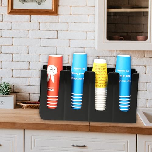 Tirifer 2 Pack Disposable Paper Cup Dispenser, Adjustable Coffee Cup and Lid Holder with 4 Compartments, Cup Storage & Lid Organizer for Countertop Coffee Station Bar Restaurant Breakroom, Black
