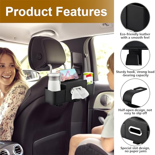 4-in-1 Back Seat Car Organizer with Extra Large Capacity, 2 Cup Holders, Tissue Box Dispenser & Storage Hook for Phone, Snacks, Toys(Black)