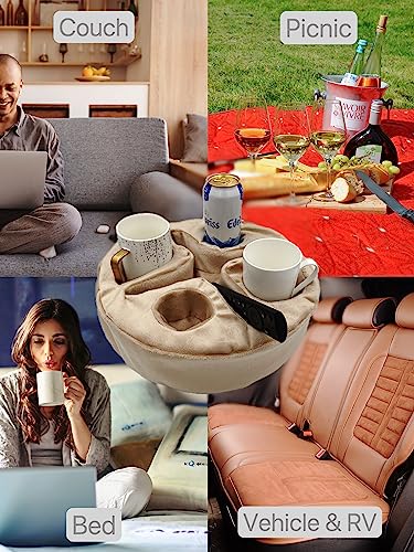 Xchouxer Couch and Bed Cup Holder Pillow, Sofa Organizer Caddy for Drinks, Remotes, Phones, Snacks (Beige) - color: Beige